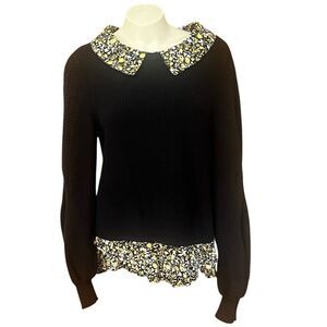 Mauve Anthropologie Black Balloon Sleeve Floral Collar‎ & Hem Sweater